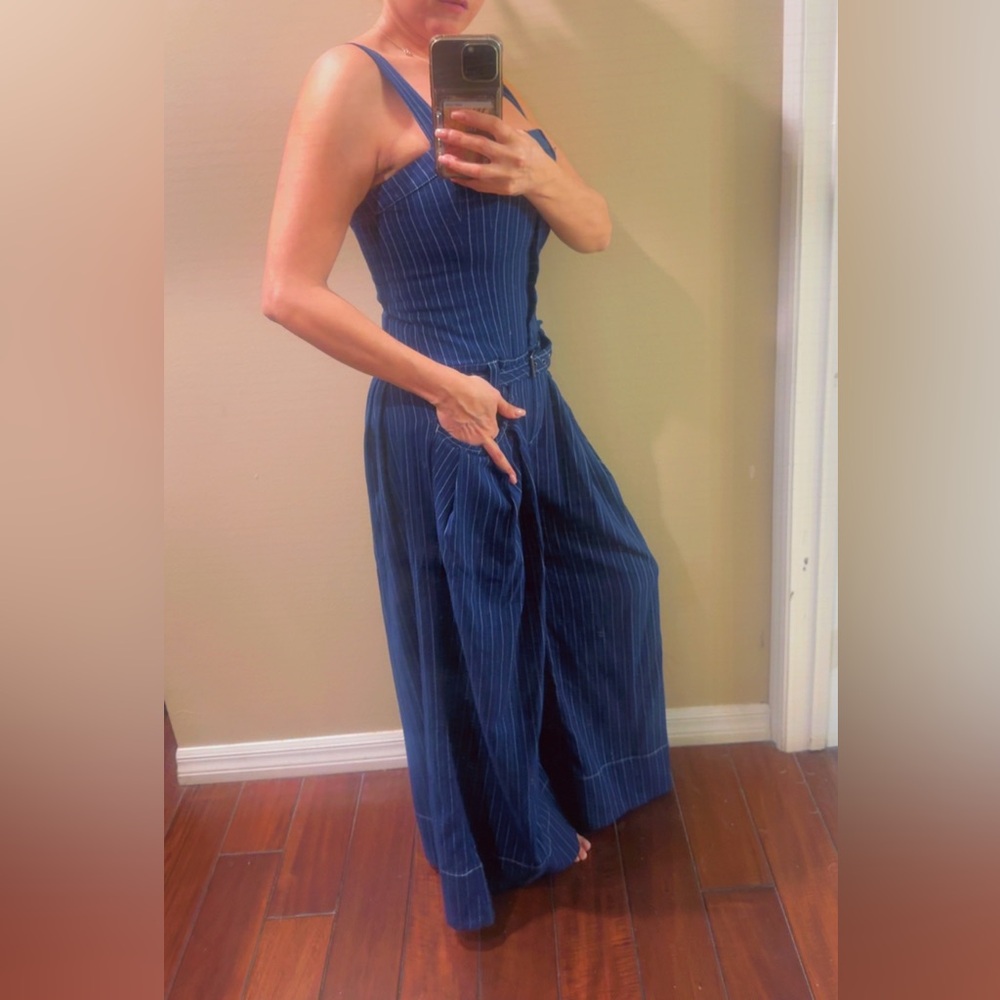 Free People Blue Striped Jumpsuit with White Blouse - Picture 4 of 5